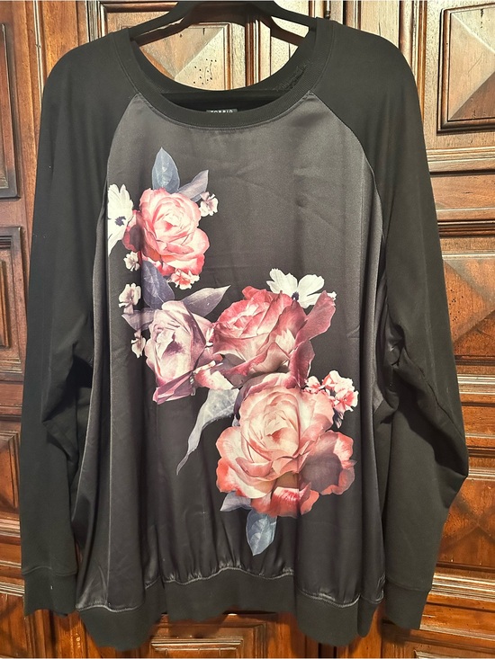 torrid Tops - 4 TORRID 26/28 SATIN front floral Sweatshirt with Pink Rose Print *Flawed pulls*